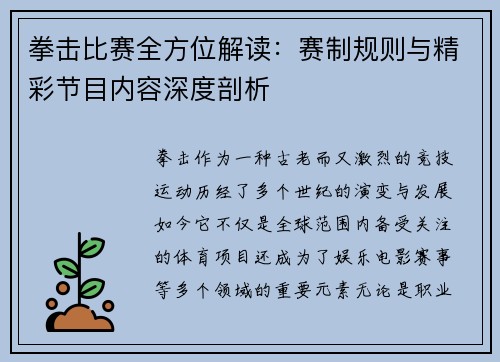 拳击比赛全方位解读：赛制规则与精彩节目内容深度剖析