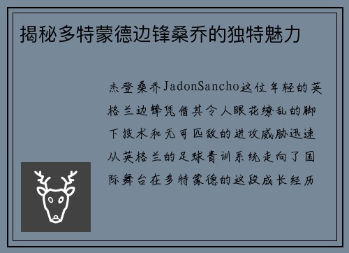 揭秘多特蒙德边锋桑乔的独特魅力