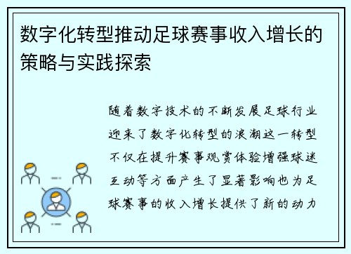 数字化转型推动足球赛事收入增长的策略与实践探索 数字化转型推动足球赛事收入增长的策略与实践探索