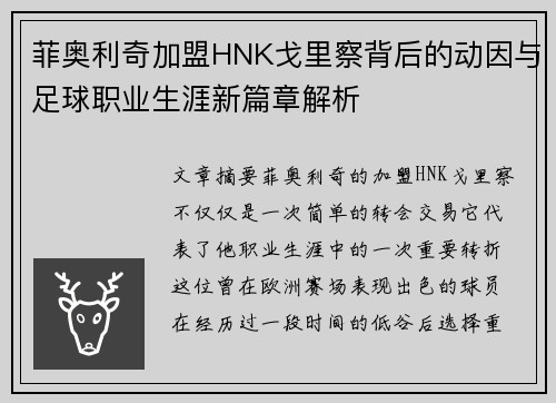 菲奥利奇加盟HNK戈里察背后的动因与足球职业生涯新篇章解析