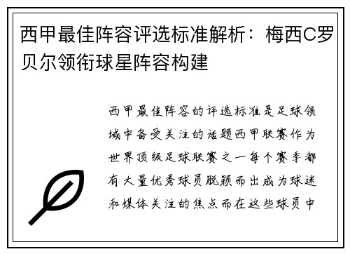 西甲最佳阵容评选标准解析：梅西C罗贝尔领衔球星阵容构建