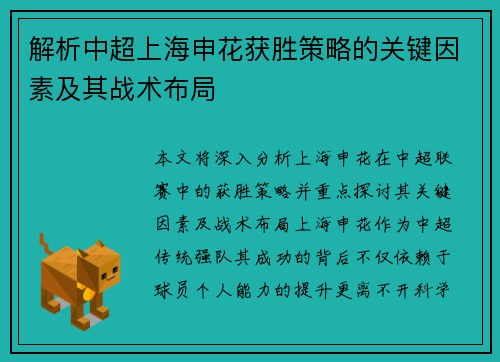 解析中超上海申花获胜策略的关键因素及其战术布局
