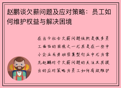 赵鹏谈欠薪问题及应对策略:员工如何维护权益与解决困境 赵鹏谈欠薪问题及应对策略:员工如何维护权益与解决困境